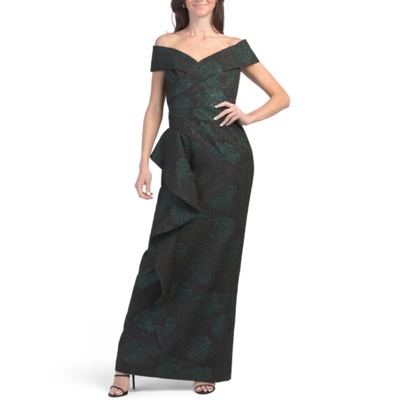 TERI JON Green/Black Ruffle Front Off The Shoulder Gown - Picture 1 of 2